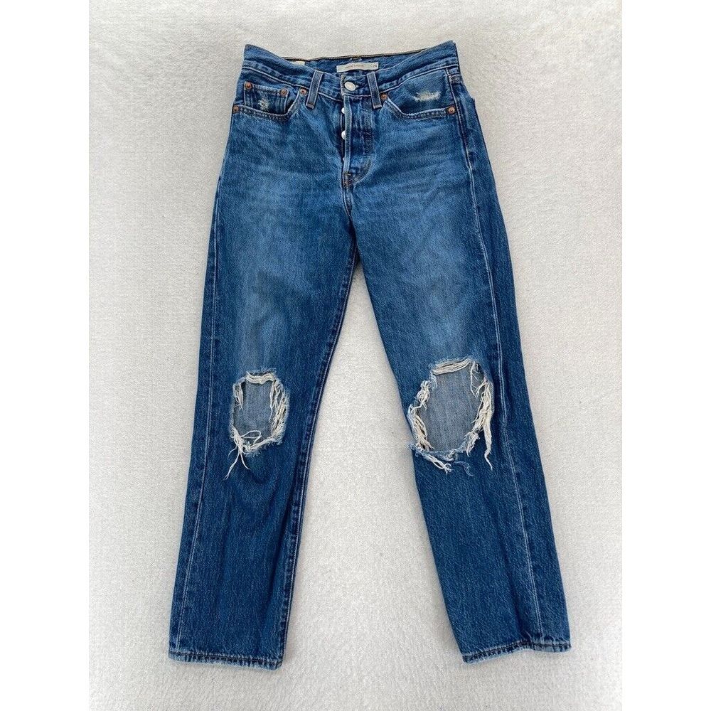 Levi's Wedgie Straight Women's 24 Medium‎ Blue Distressed Denim Jeans Button Fly